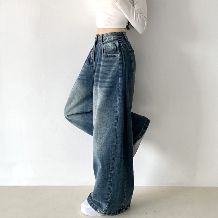 サイドピンタックハイウエストローワイドデニムパンツ DARK DENIM