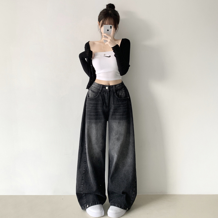 サイドピンタックハイウエストローワイドデニムパンツ BLACK