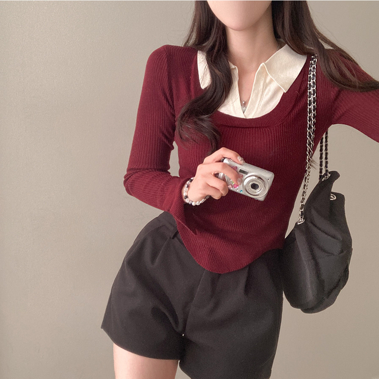 트러블 레이어드 카라 골지 니트 레드