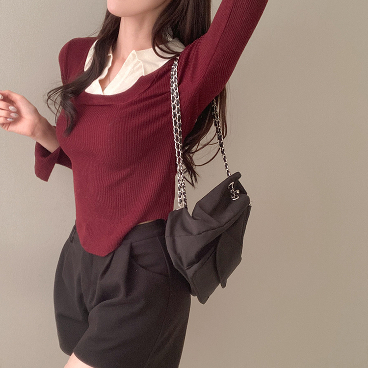 트러블 레이어드 카라 골지 니트 레드