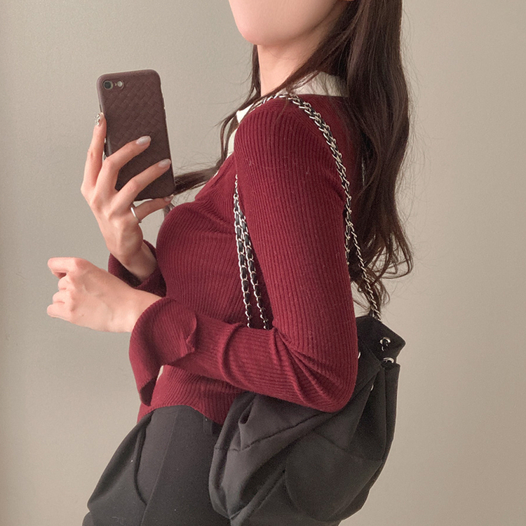 트러블 레이어드 카라 골지 니트 레드