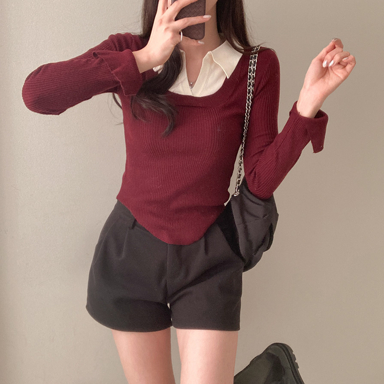 트러블 레이어드 카라 골지 니트 레드