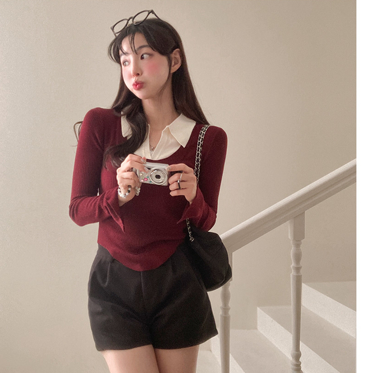 트러블 레이어드 카라 골지 니트 레드