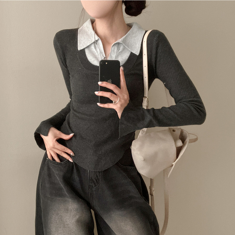 트러블 레이어드 카라 골지 니트 차콜