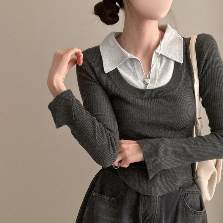 트러블 레이어드 카라 골지 니트 차콜