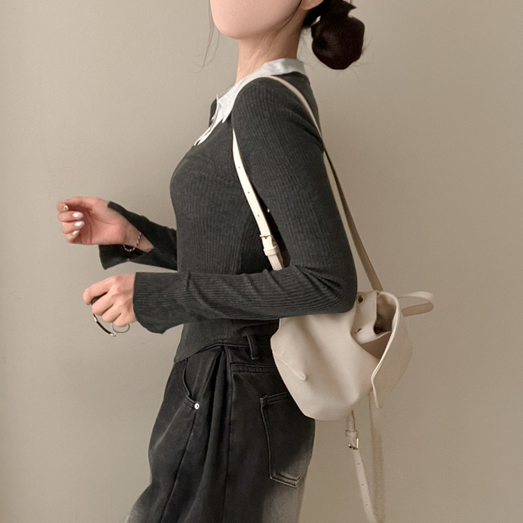 트러블 레이어드 카라 골지 니트 차콜