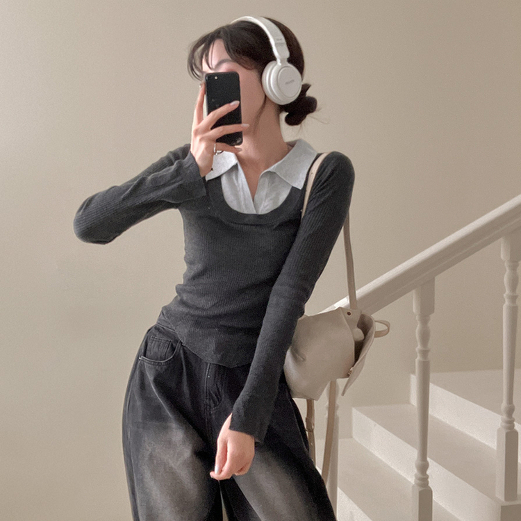 트러블 레이어드 카라 골지 니트 차콜