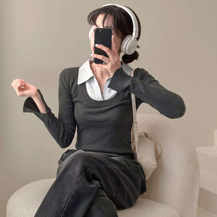 트러블 레이어드 카라 골지 니트 차콜