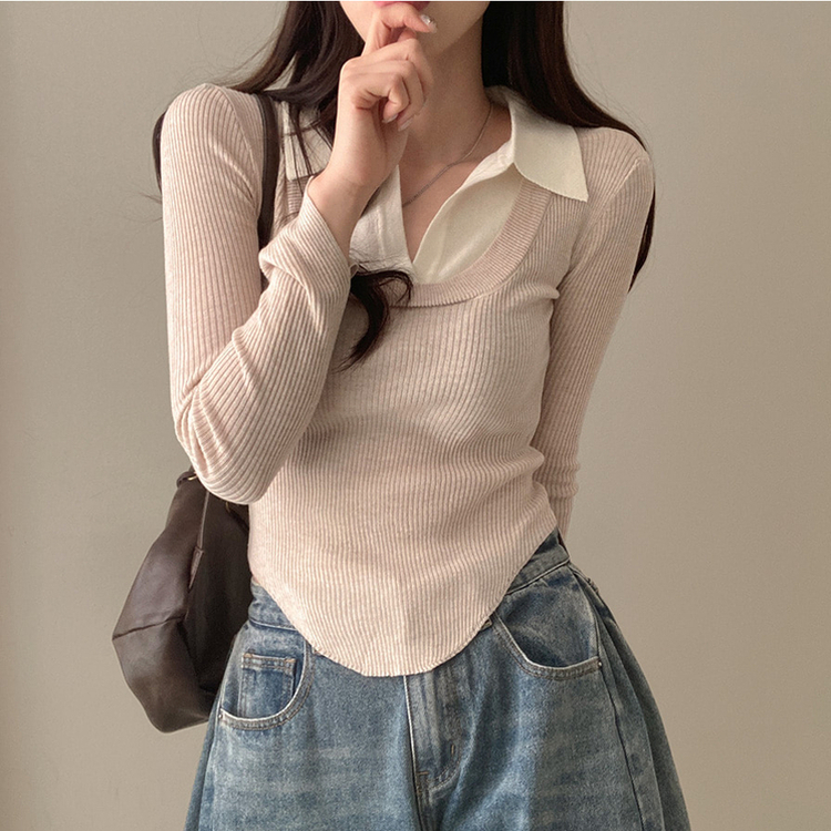 트러블 레이어드 카라 골지 니트 베이지