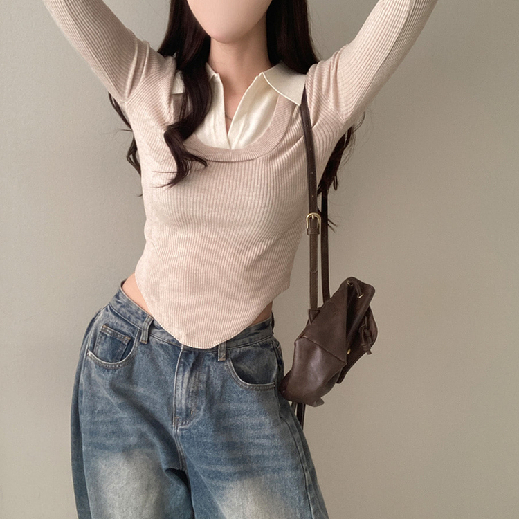 트러블 레이어드 카라 골지 니트 베이지