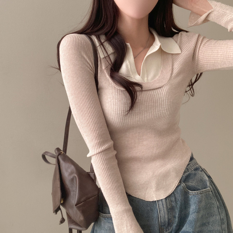 트러블 레이어드 카라 골지 니트 베이지