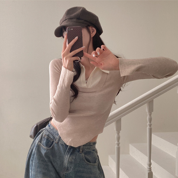 트러블 레이어드 카라 골지 니트 베이지