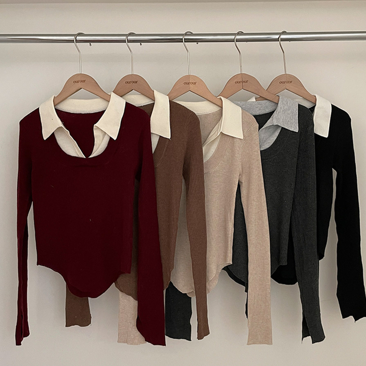 트러블 레이어드 카라 골지 니트