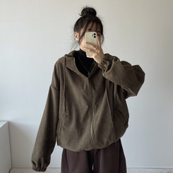 【起毛】コーデュロイファーフードジップアップジャンパー KHAKI