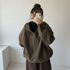 【起毛】コーデュロイファーフードジップアップジャンパー KHAKI