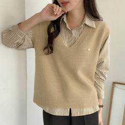 【SET】ペンダントストライプシャツ+ニットベスト BEIGE