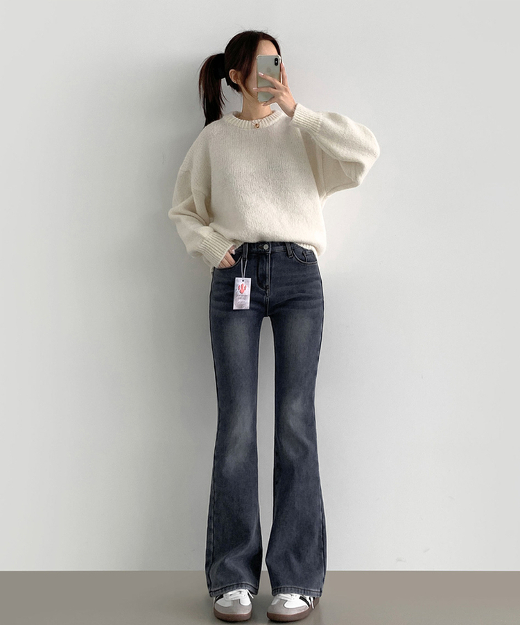 【丈別】【起毛】ブーツカットフィットバンディングデニムパンツ