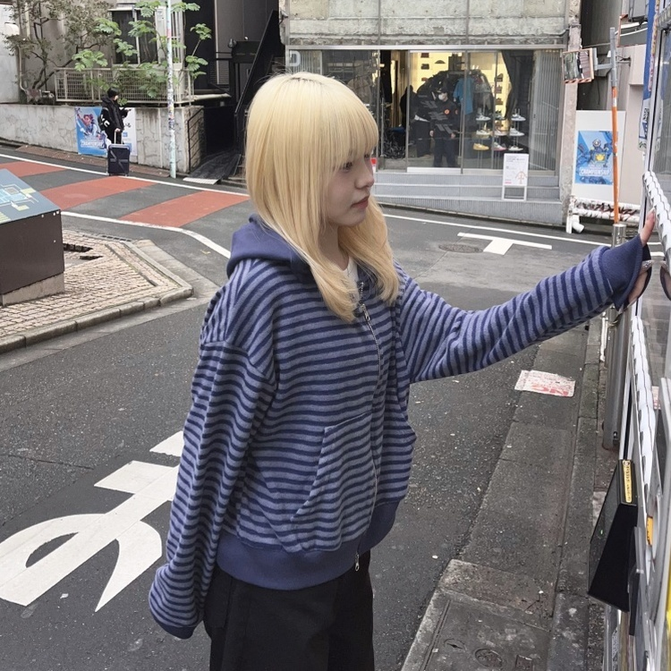 런던 투웨이 기모 스트라이프 후드집업 네이비