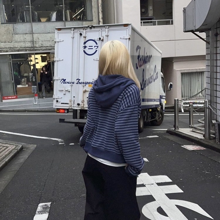 런던 투웨이 기모 스트라이프 후드집업 네이비