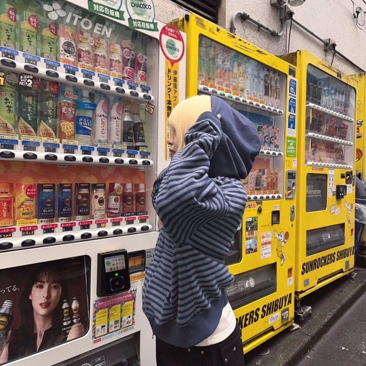 런던 투웨이 기모 스트라이프 후드집업 네이비