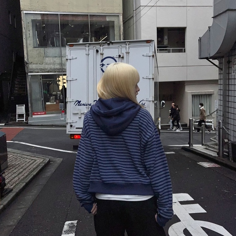 런던 투웨이 기모 스트라이프 후드집업 네이비