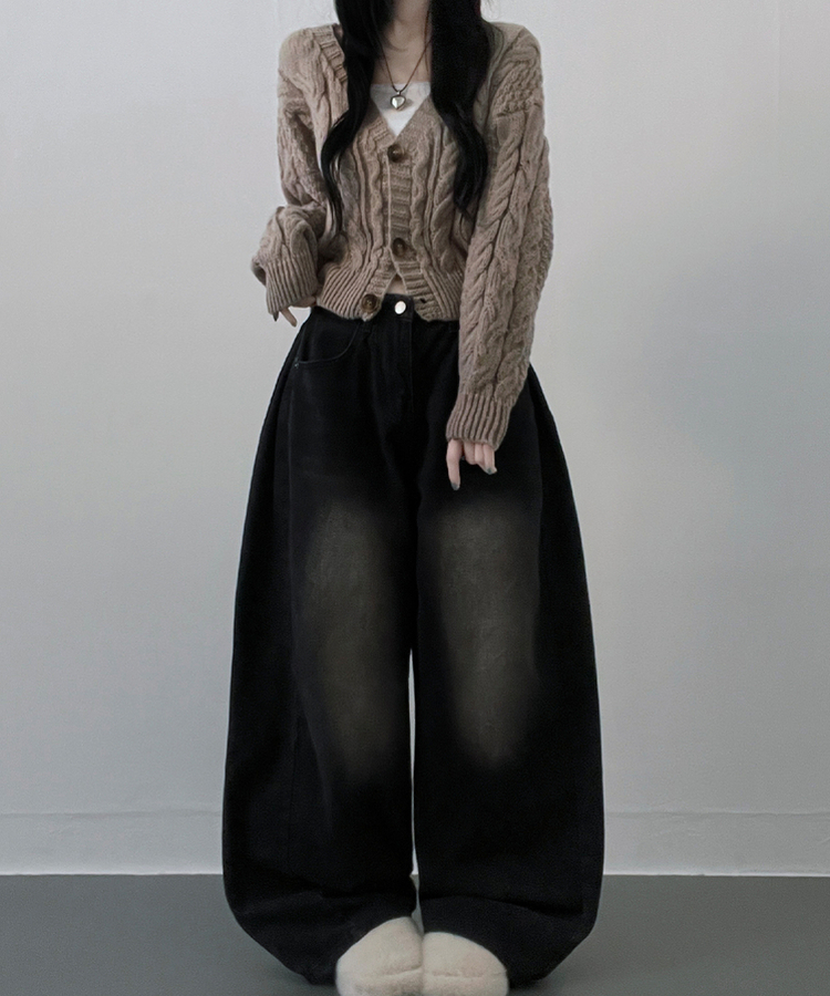 피넛꽈배기브이넥크롭도톰니트가디건 연밤색