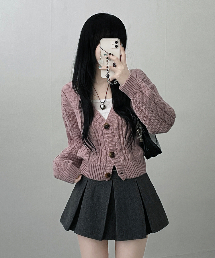 피넛꽈배기브이넥크롭도톰니트가디건 보라