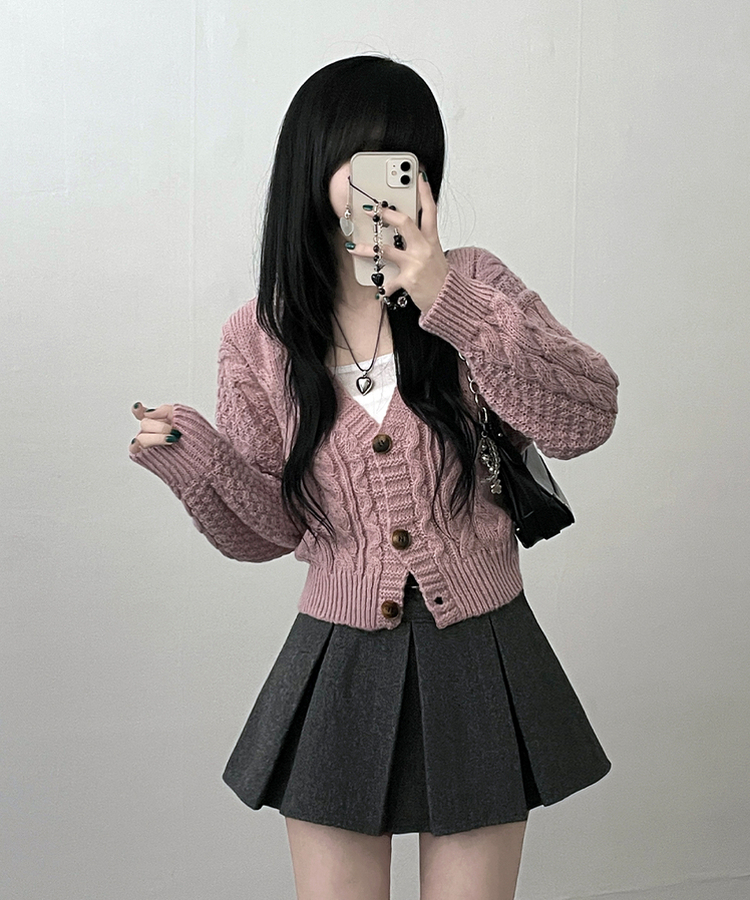 피넛꽈배기브이넥크롭도톰니트가디건 보라