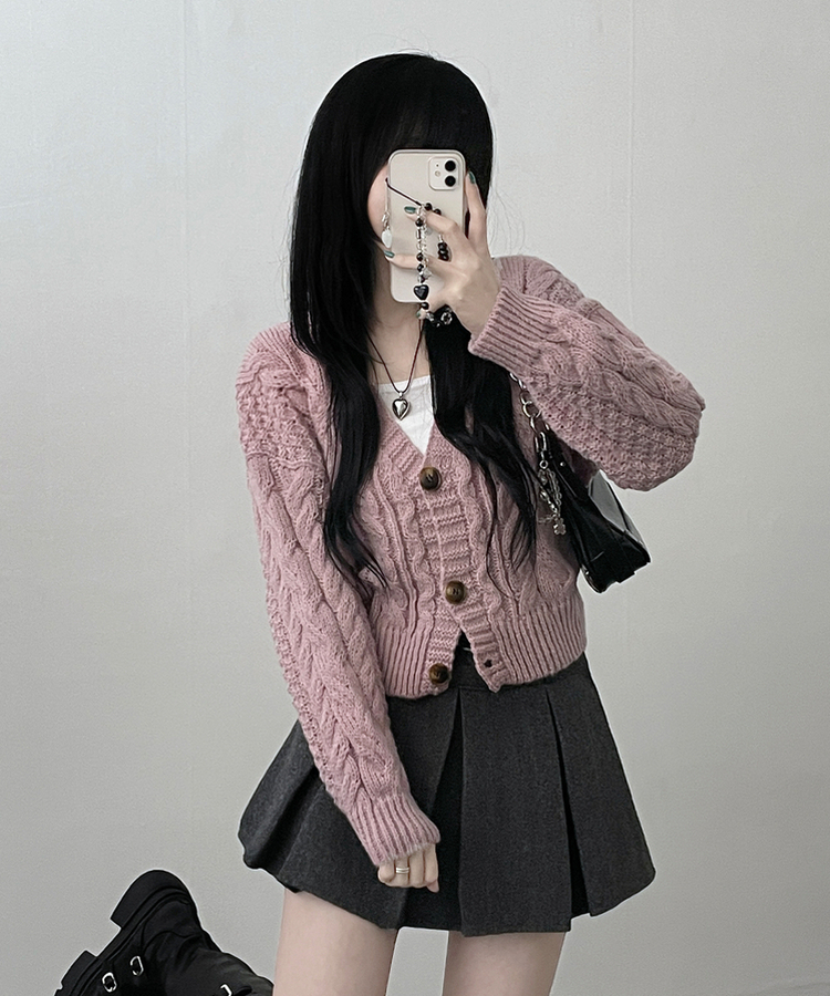 피넛꽈배기브이넥크롭도톰니트가디건 보라