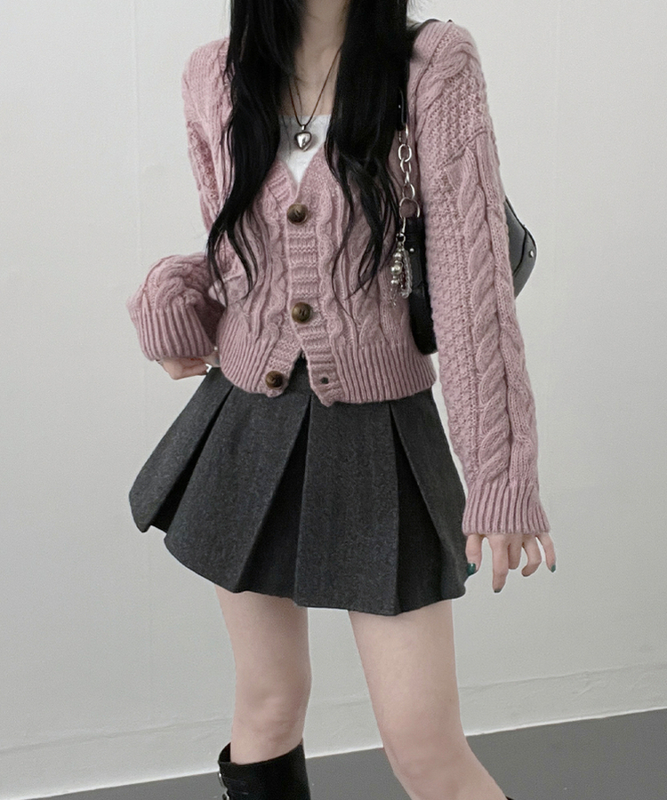 피넛꽈배기브이넥크롭도톰니트가디건 보라