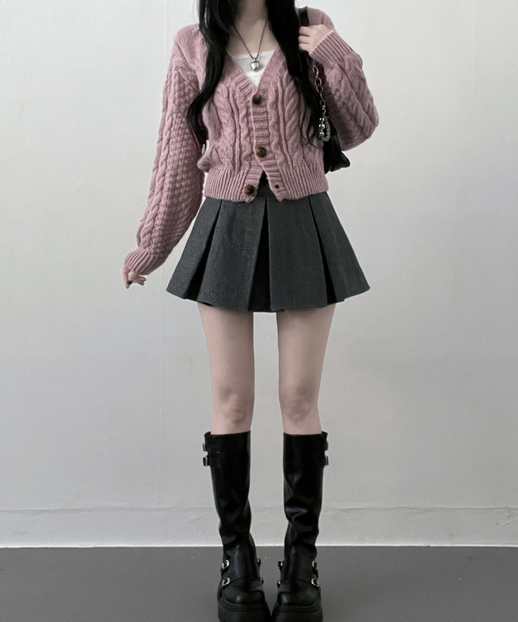 피넛꽈배기브이넥크롭도톰니트가디건 보라