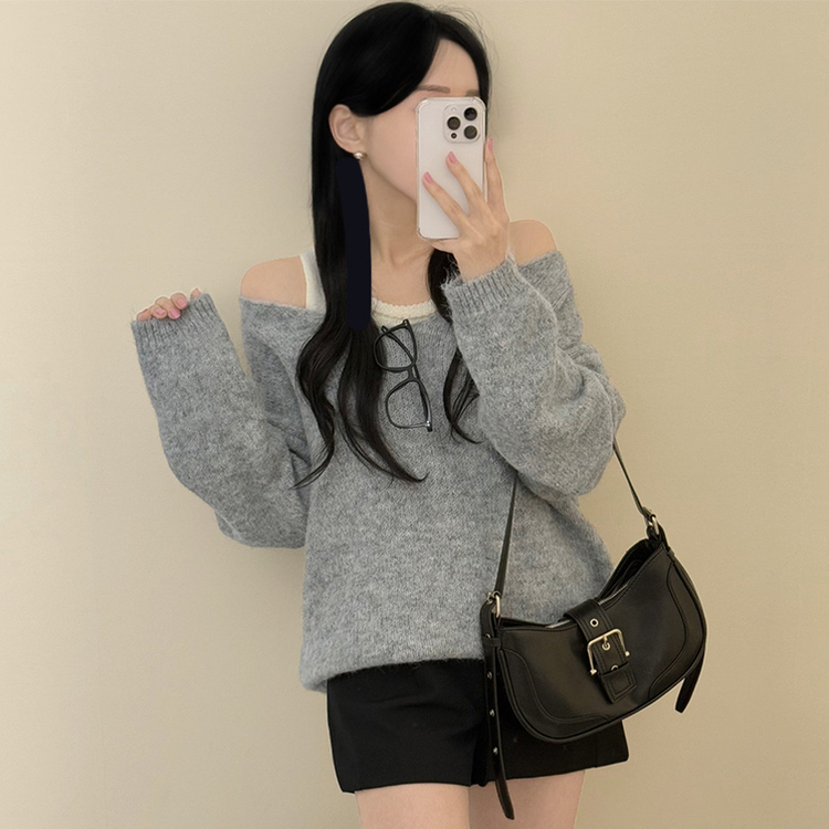【SET】キャミソール Vネックレイヤードオフショルダーニット