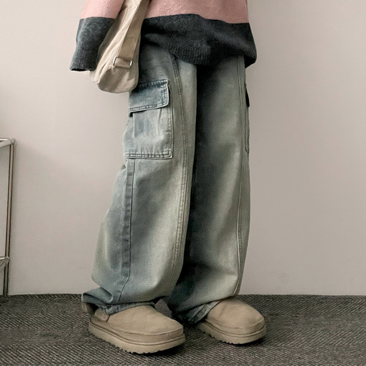 バンディングスリットカーゴデニムワイドパンツ LIGHT DENIM