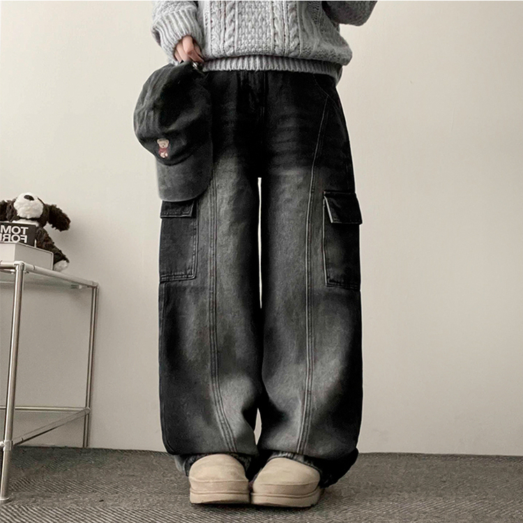 バンディングスリットカーゴデニムワイドパンツ BLACK