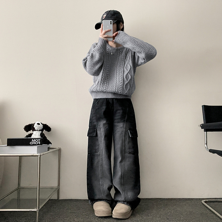 バンディングスリットカーゴデニムワイドパンツ BLACK