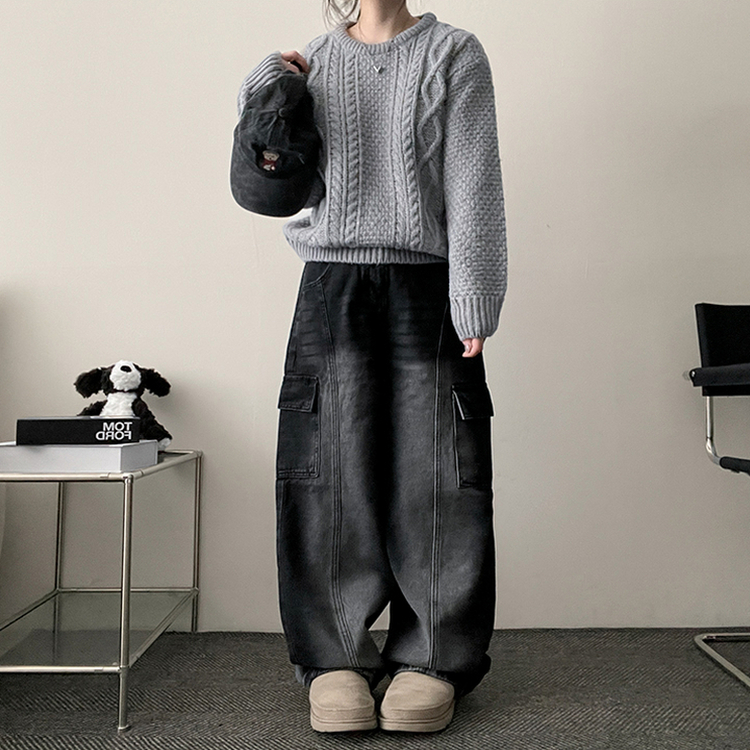 バンディングスリットカーゴデニムワイドパンツ BLACK