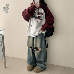 【起毛】]ニットバイカラーラグランフード