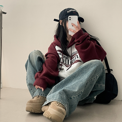 【起毛】]ニットバイカラーラグランフード