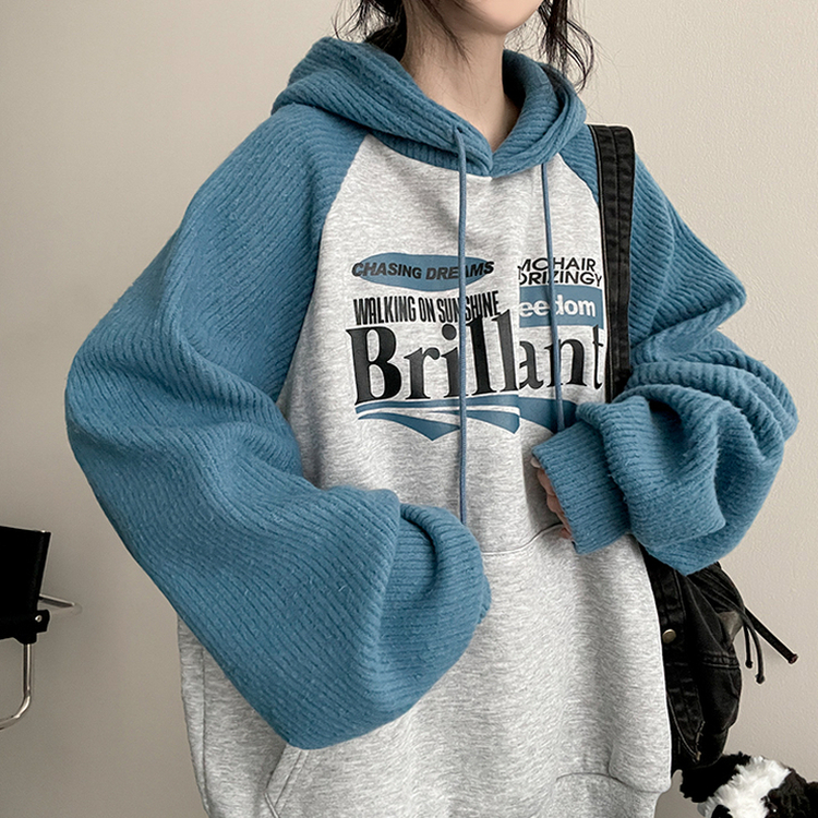 【起毛】]ニットバイカラーラグランフード