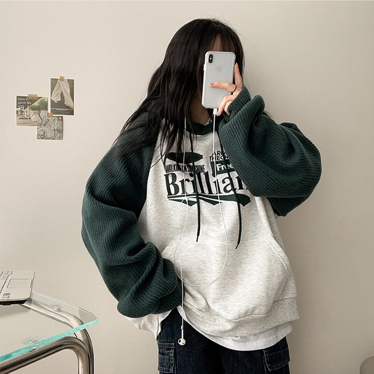 【起毛】]ニットバイカラーラグランフード