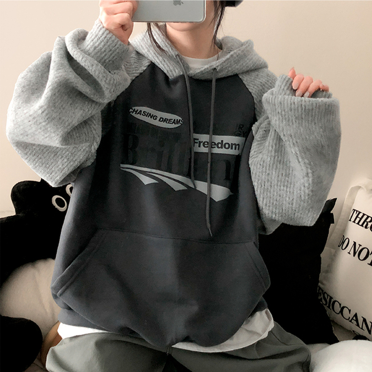 【起毛】]ニットバイカラーラグランフード