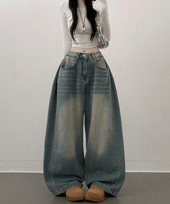 턴브사이드핀턱스냅와이드워싱데님롱팬츠 연청