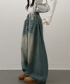 턴브사이드핀턱스냅와이드워싱데님롱팬츠 연청