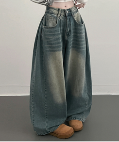 턴브사이드핀턱스냅와이드워싱데님롱팬츠 연청