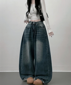 턴브사이드핀턱스냅와이드워싱데님롱팬츠 진청