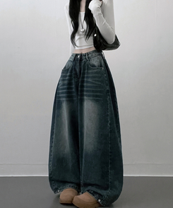 턴브사이드핀턱스냅와이드워싱데님롱팬츠 진청