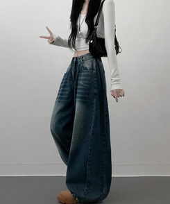 턴브사이드핀턱스냅와이드워싱데님롱팬츠 진청