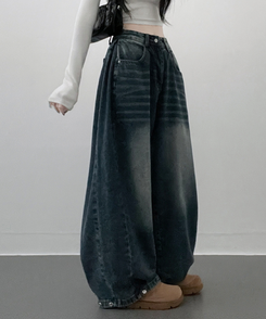 턴브사이드핀턱스냅와이드워싱데님롱팬츠 진청