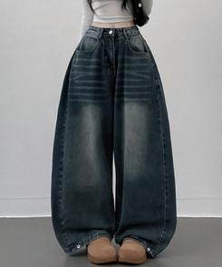 턴브사이드핀턱스냅와이드워싱데님롱팬츠 진청