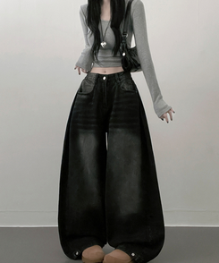 턴브사이드핀턱스냅와이드워싱데님롱팬츠 블랙